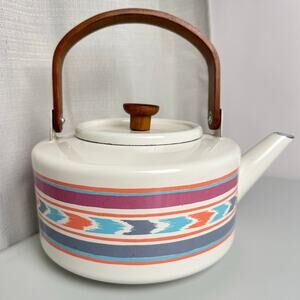 Vintage Enamel Tea Kettle Southwestern Aztec Stripe Design Wooden Handle Boho